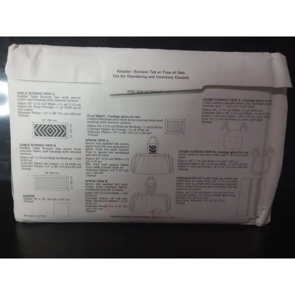 Kwik Sew 1946 Vintage Sewing Pattern Apron Table Runner Placemats Napkins...